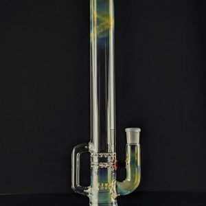 Green Belt Glass silver fumed 17-inch blooper tube with drain, Pomegranate accent colour, 20mm stem, 32-hole diffusion, and flared base on black background.